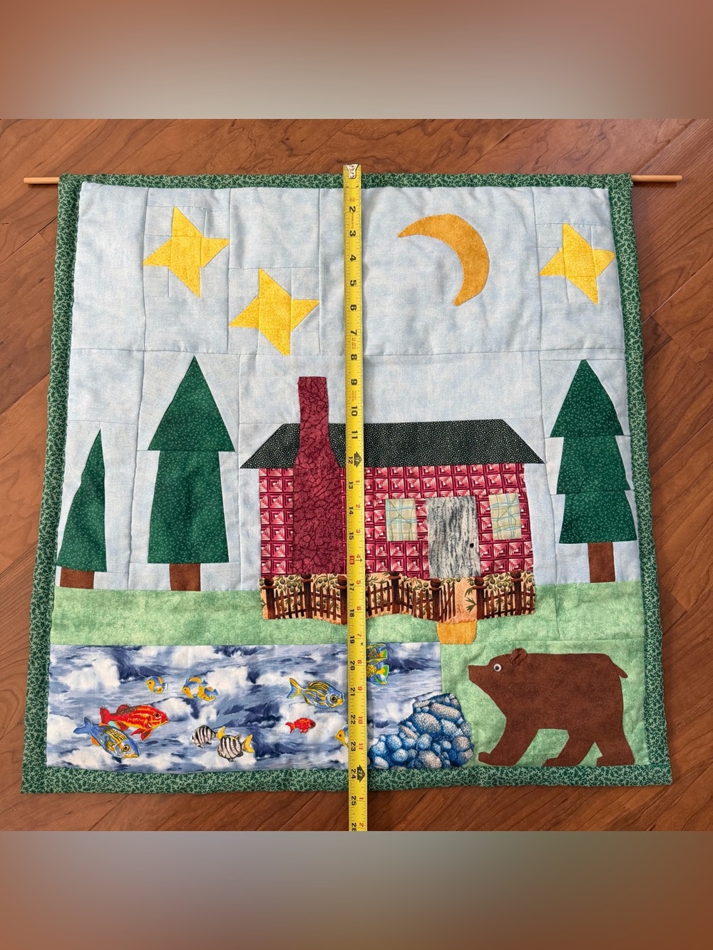 Wall Hanging Quilt Throw Country Cabin Bear Fish‎ Lodge Pine Trees Moon 24”x 24” - Picture 2 of 11